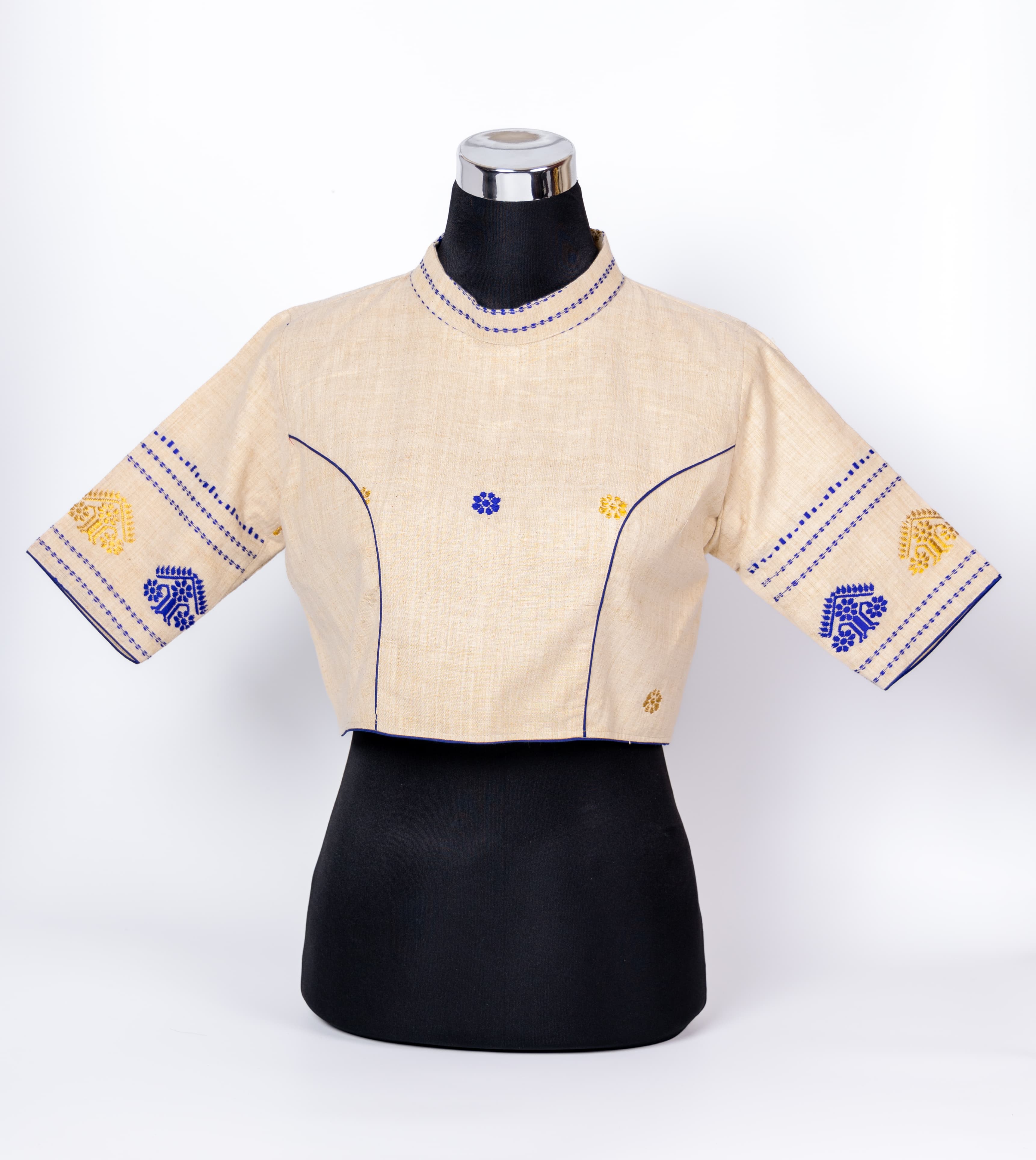 TRADITIONAL ASSAMESE GOS BUTA DESIGNED MANDARIN NECK BLOUSE.